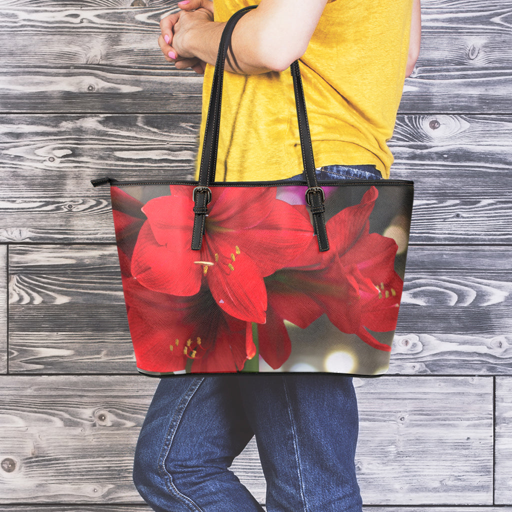 Red Amaryllis Print Leather Tote Bag