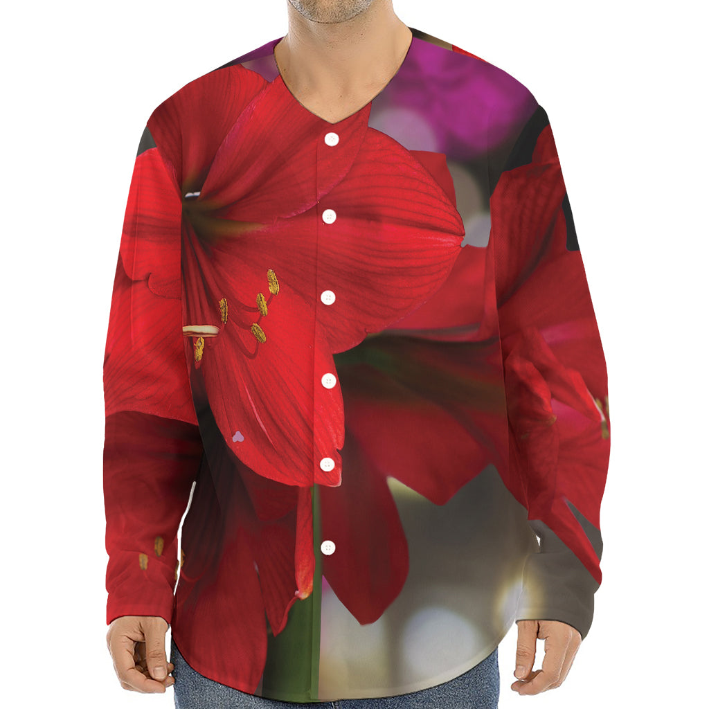 Red Amaryllis Print Long Sleeve Baseball Jersey