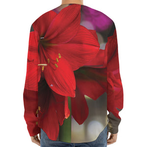 Red Amaryllis Print Long Sleeve Baseball Jersey