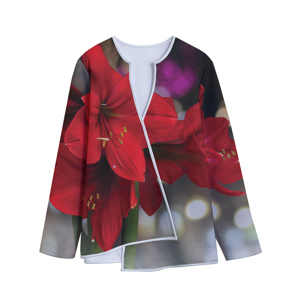 Red Amaryllis Print Long Sleeve Short Coat