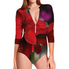 Red Amaryllis Print Long Sleeve Swimsuit