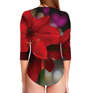 Red Amaryllis Print Long Sleeve Swimsuit