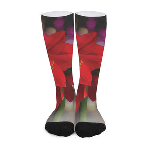 Red Amaryllis Print Long Socks