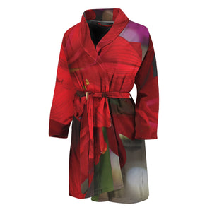 Red Amaryllis Print Men's Bathrobe