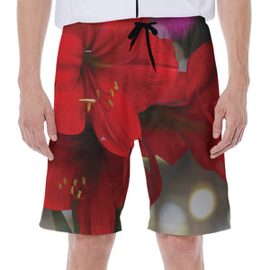 Red Amaryllis Print Men's Beach Shorts