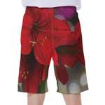 Red Amaryllis Print Men's Beach Shorts