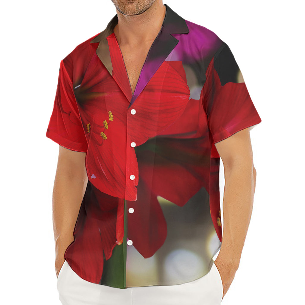 Red Amaryllis Print Men's Deep V-Neck Shirt