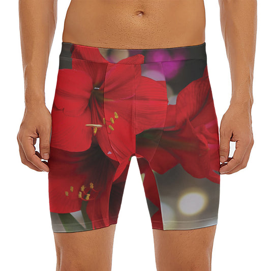 Red Amaryllis Print Men's Long Boxer Briefs