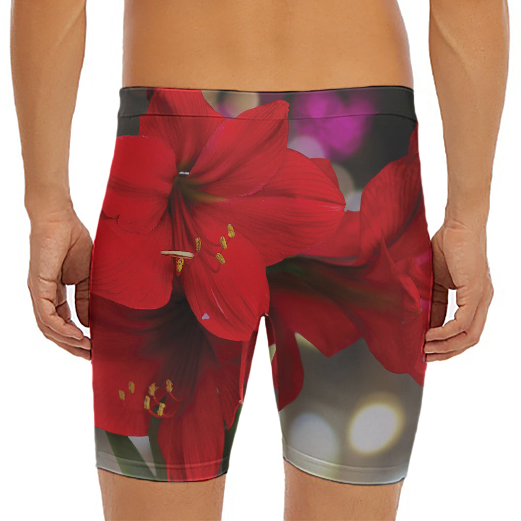 Red Amaryllis Print Men's Long Boxer Briefs