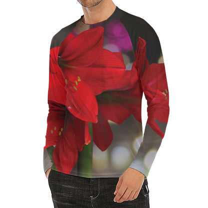 Red Amaryllis Print Men's Long Sleeve Rash Guard