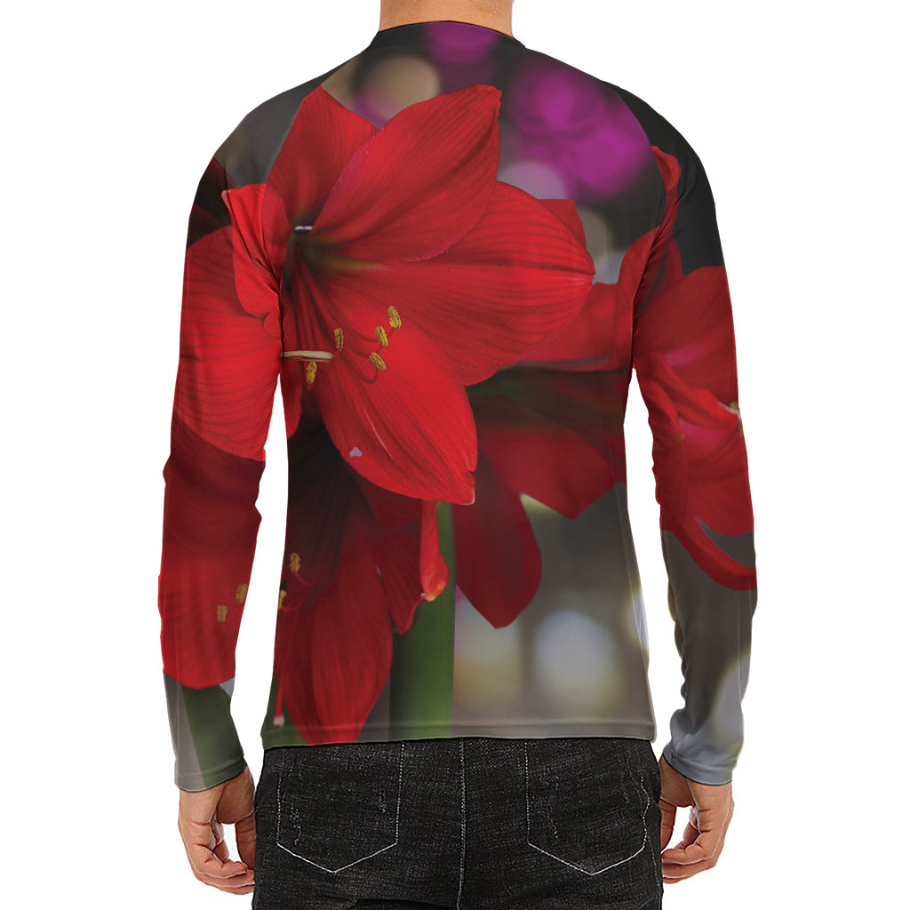 Red Amaryllis Print Men's Long Sleeve Rash Guard