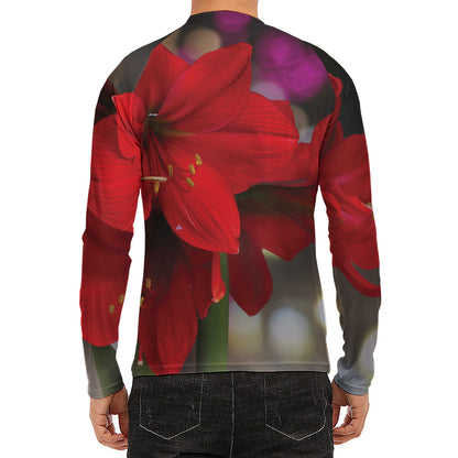 Red Amaryllis Print Men's Long Sleeve Rash Guard