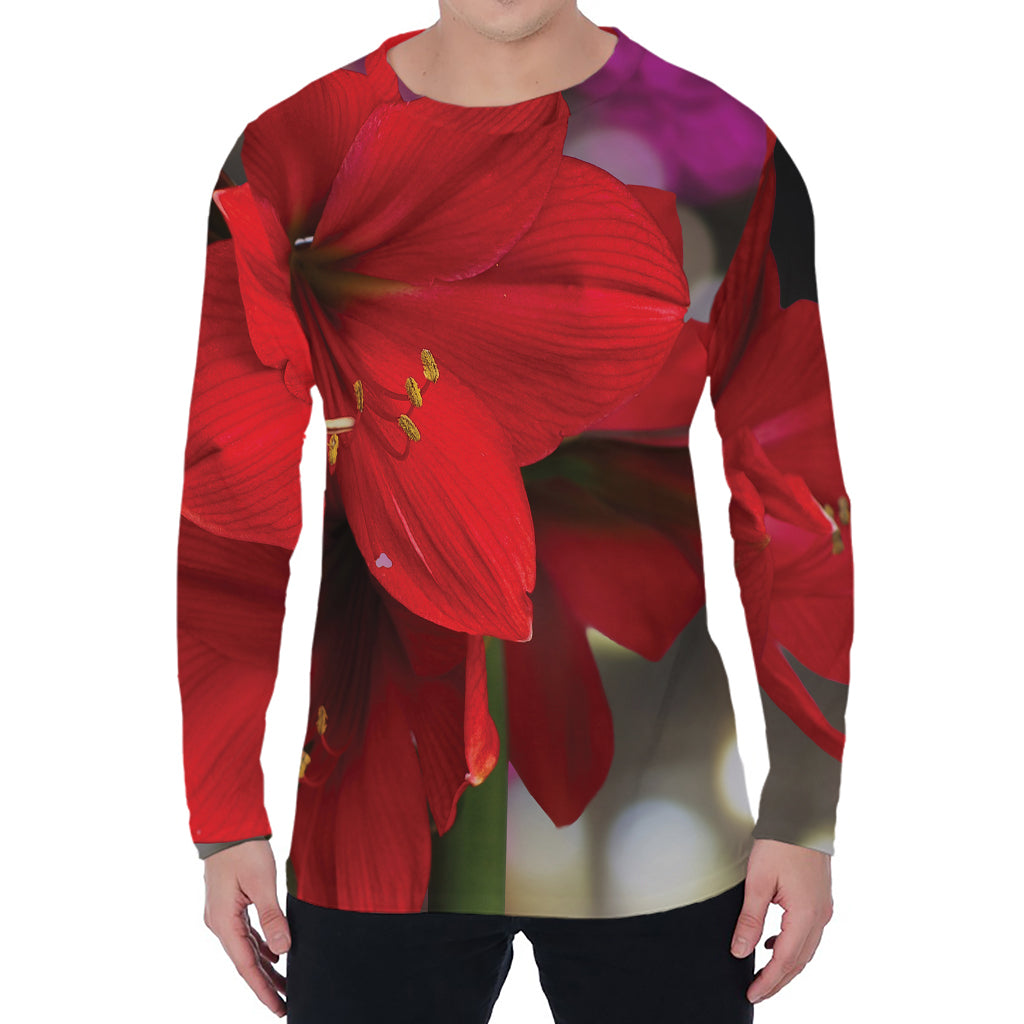 Red Amaryllis Print Men's Long Sleeve T-Shirt