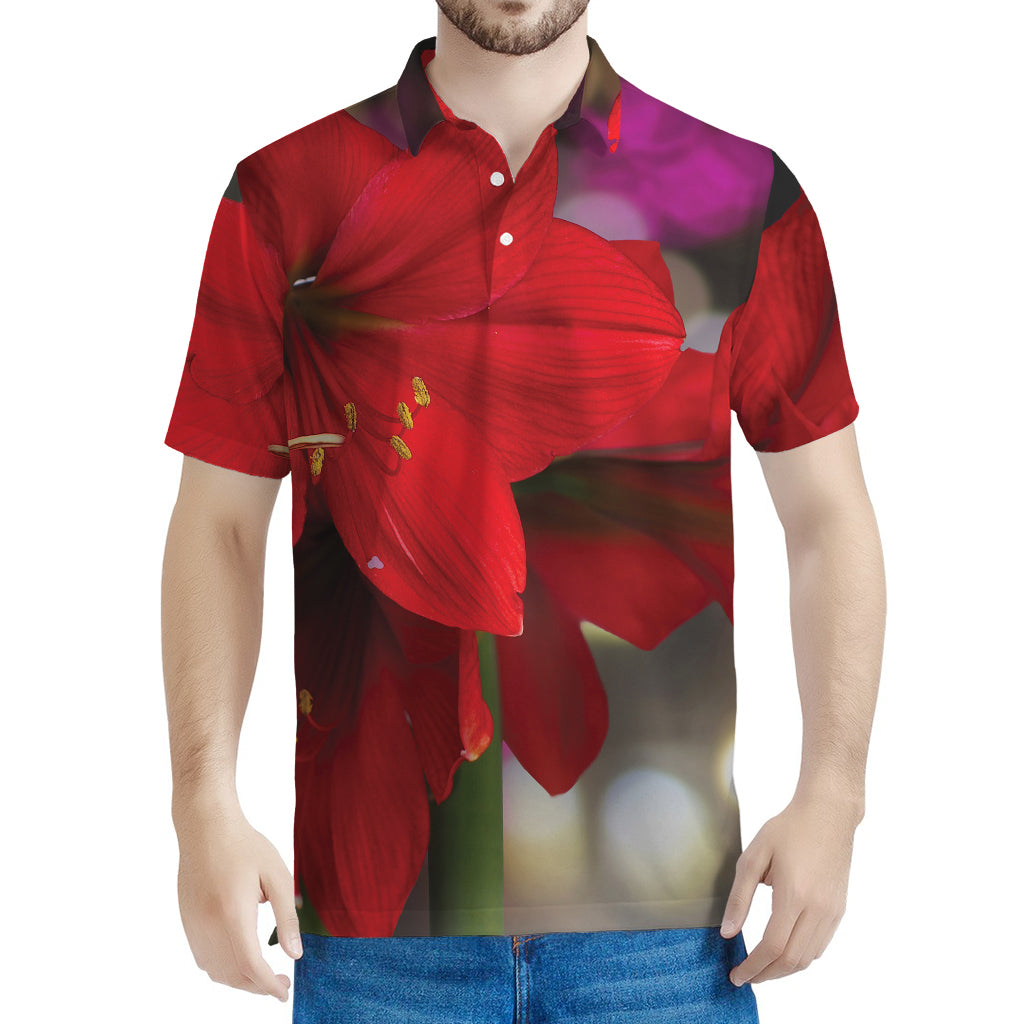 Red Amaryllis Print Men's Polo Shirt