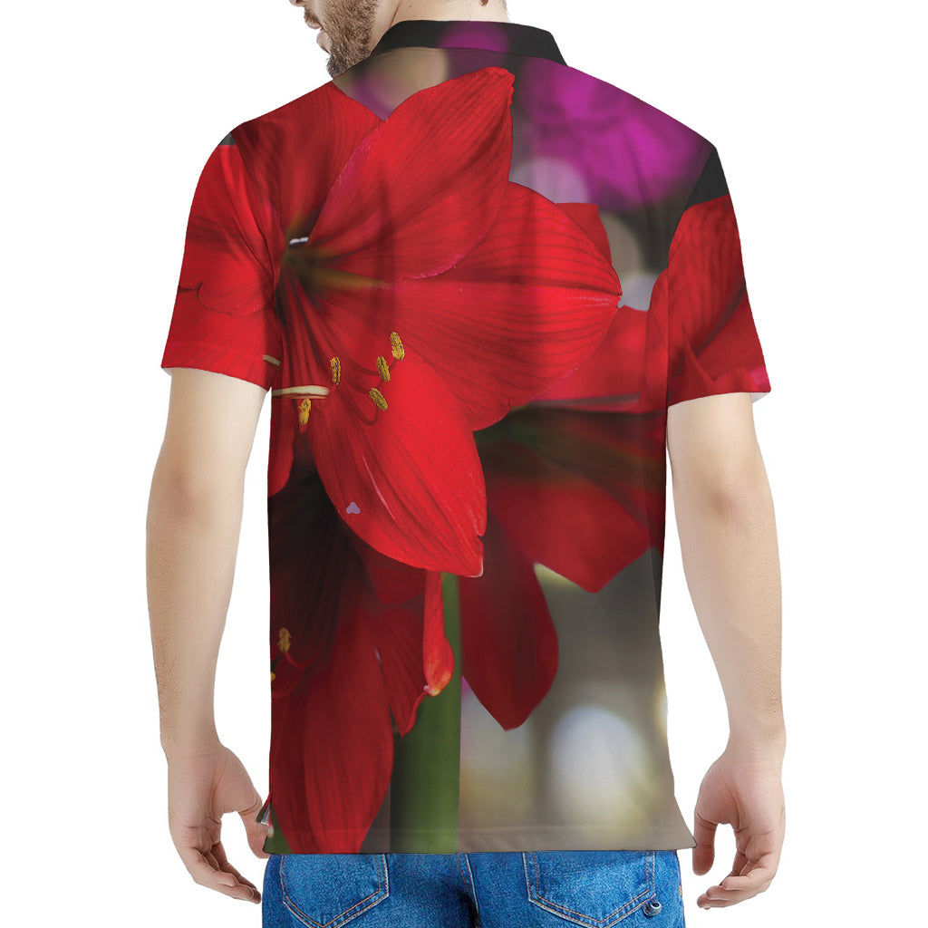 Red Amaryllis Print Men's Polo Shirt