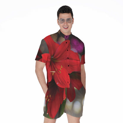 Red Amaryllis Print Men's Rompers