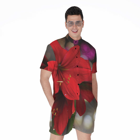 Red Amaryllis Print Men's Rompers