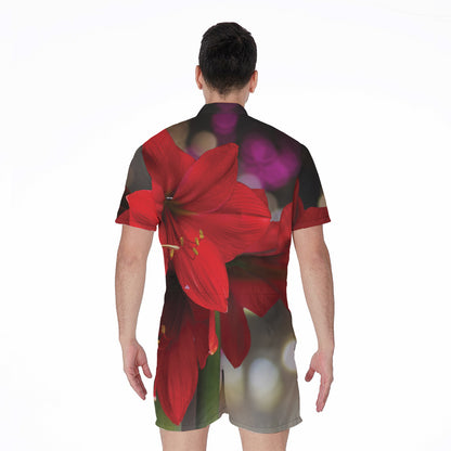 Red Amaryllis Print Men's Rompers