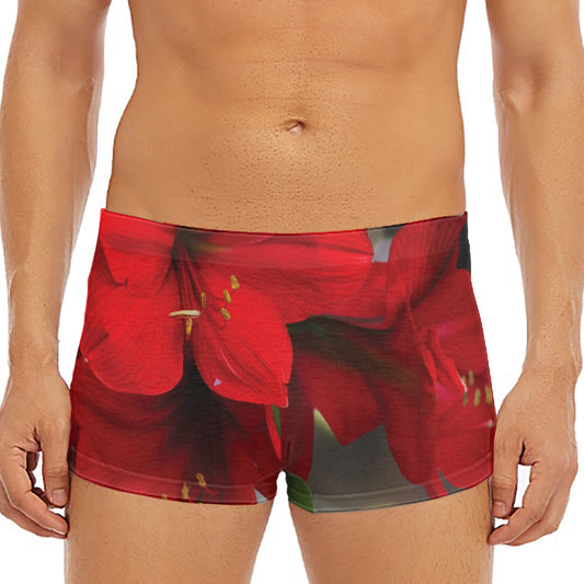 Red Amaryllis Print Men's Short Boxer Briefs