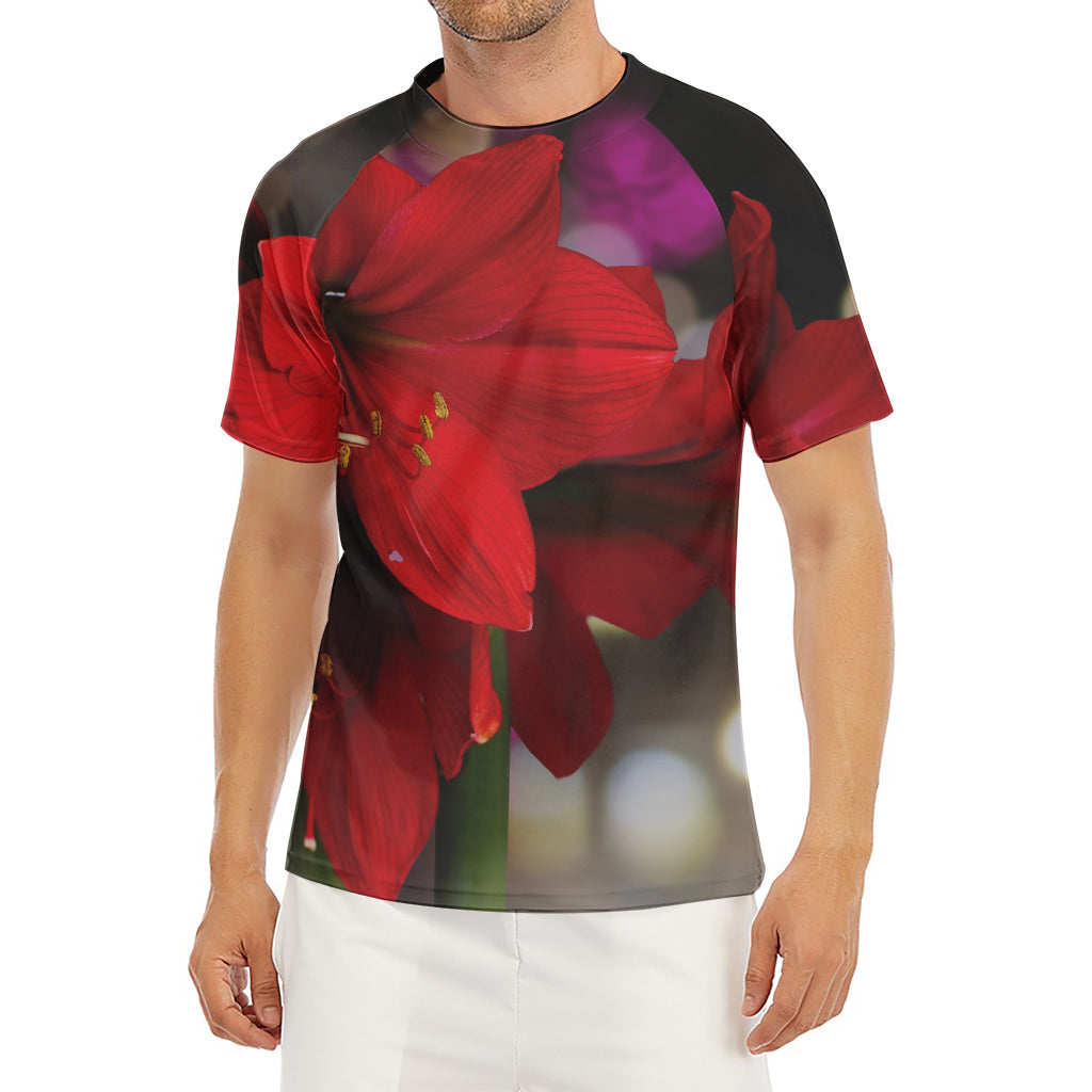 Red Amaryllis Print Men's Short Sleeve Rash Guard