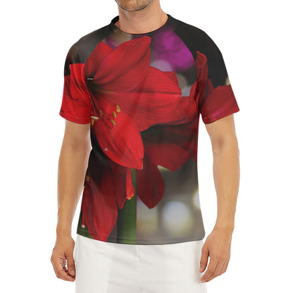 Red Amaryllis Print Men's Short Sleeve Rash Guard