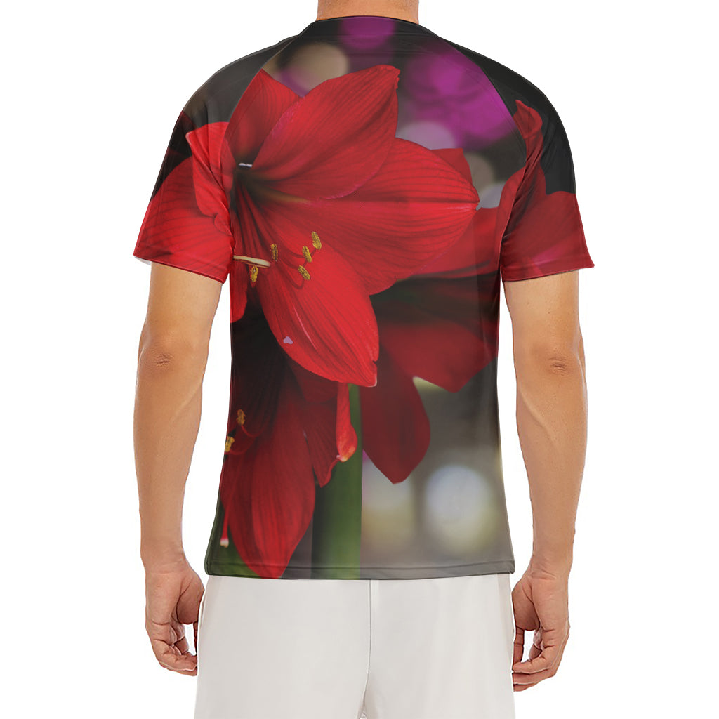 Red Amaryllis Print Men's Short Sleeve Rash Guard