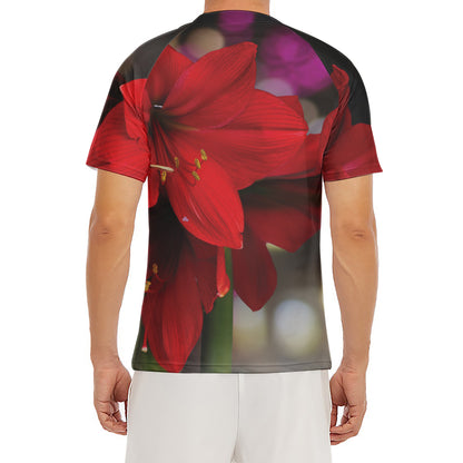 Red Amaryllis Print Men's Short Sleeve Rash Guard