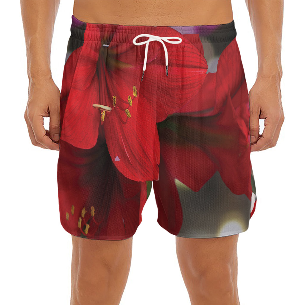 Red Amaryllis Print Men's Split Running Shorts