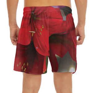 Red Amaryllis Print Men's Split Running Shorts