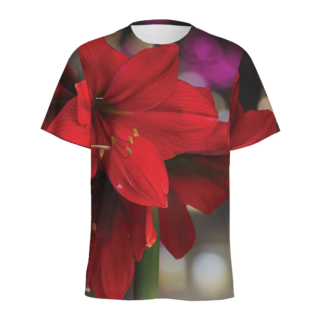 Red Amaryllis Print Men's Sports T-Shirt