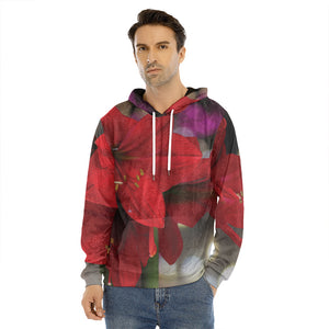 Red Amaryllis Print Men's Velvet Pullover Hoodie