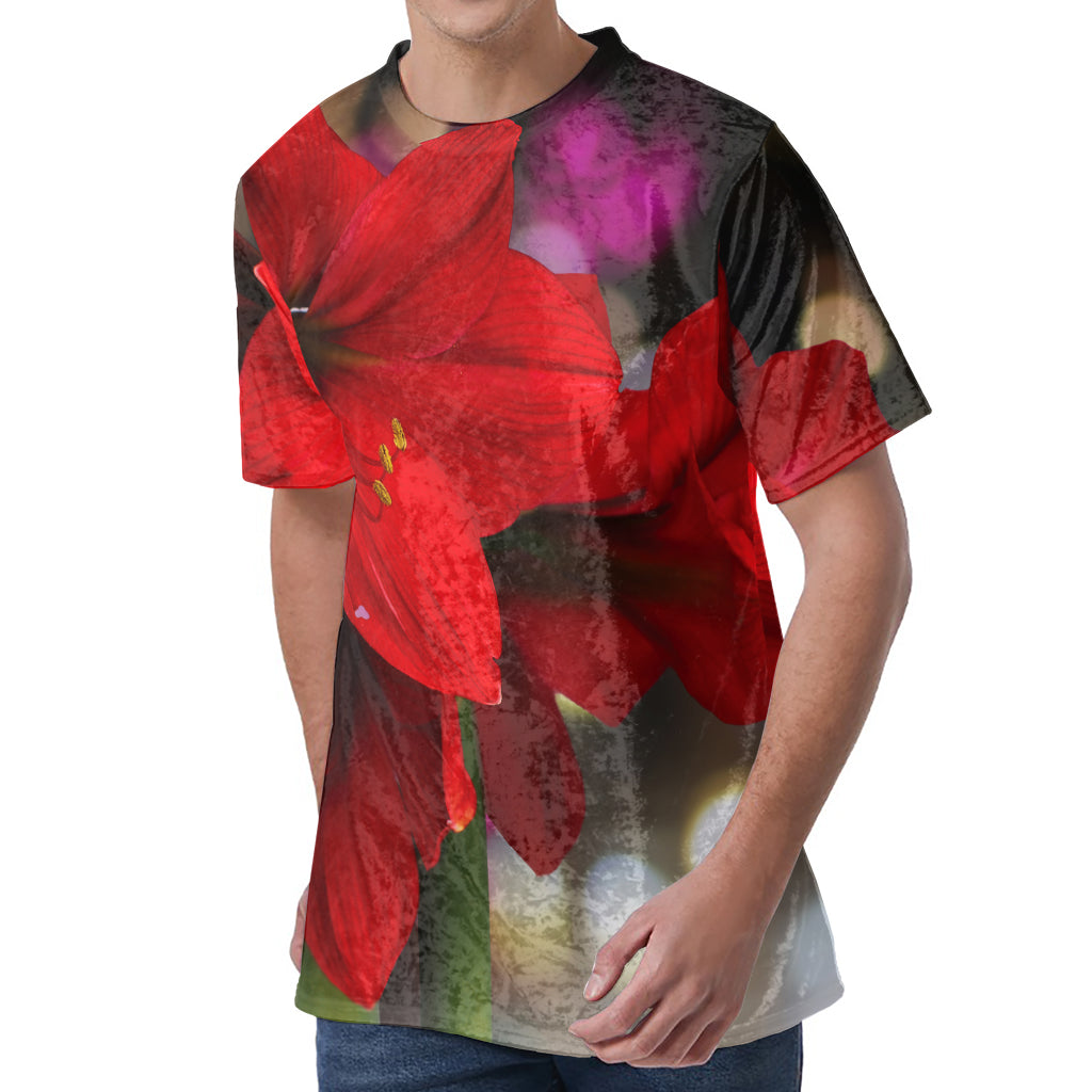 Red Amaryllis Print Men's Velvet T-Shirt