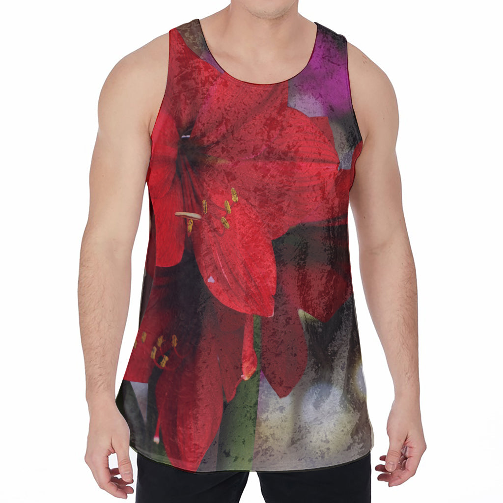 Red Amaryllis Print Men's Velvet Tank Top