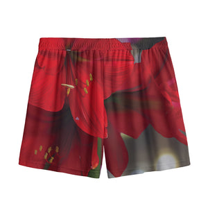 Red Amaryllis Print Mesh Shorts