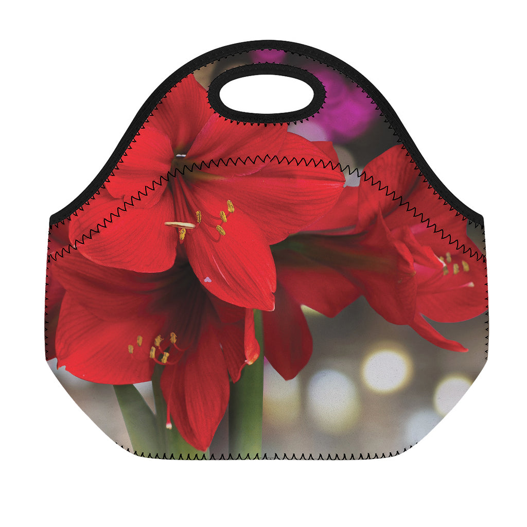Red Amaryllis Print Neoprene Lunch Bag