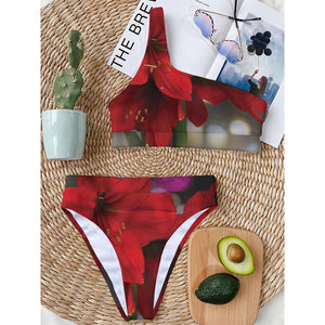 Red Amaryllis Print One Shoulder Bikini Top