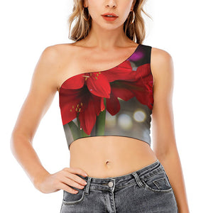 Red Amaryllis Print One Shoulder Crop Top