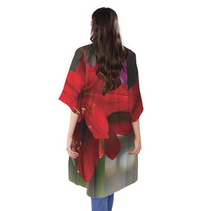 Red Amaryllis Print Open Front Beach Cover Up