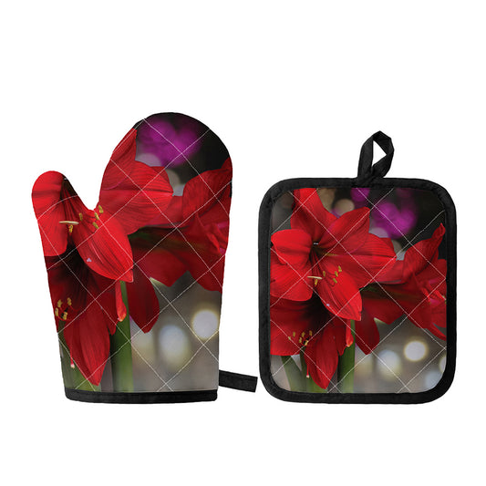 Red Amaryllis Print Oven Mitt And Pot Holder Set