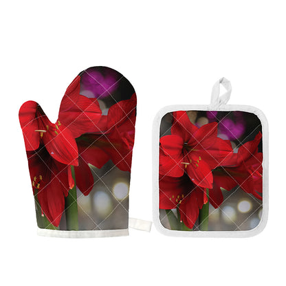 Red Amaryllis Print Oven Mitt And Pot Holder Set