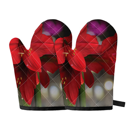 Red Amaryllis Print Oven Mitts