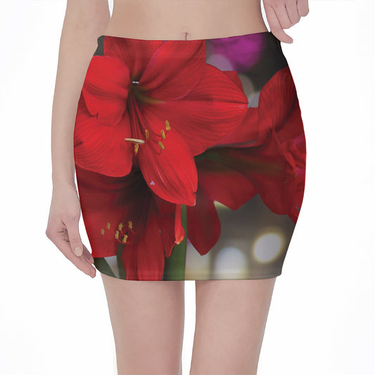 Red Amaryllis Print Pencil Mini Skirt