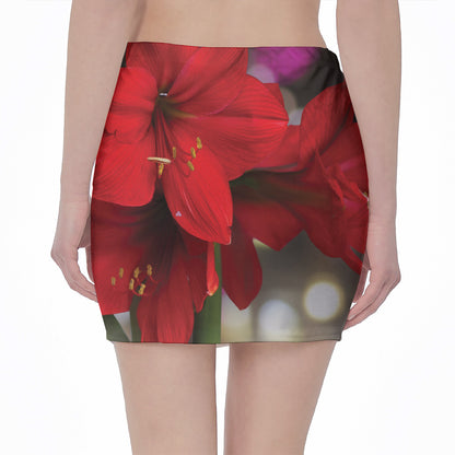 Red Amaryllis Print Pencil Mini Skirt