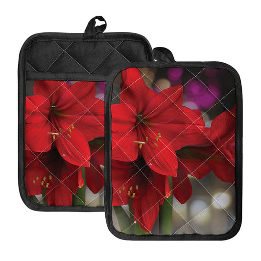 Red Amaryllis Print Pot Holders With Pocket