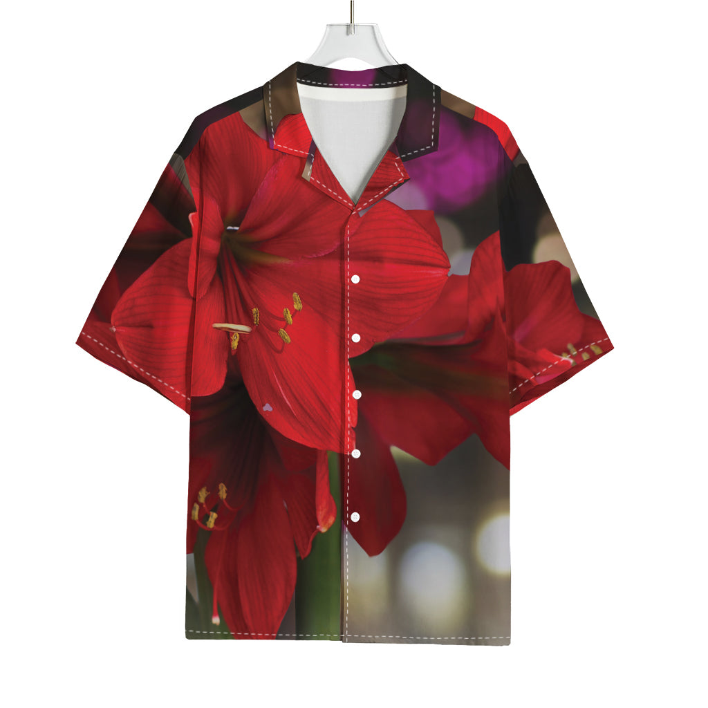 Red Amaryllis Print Rayon Hawaiian Shirt