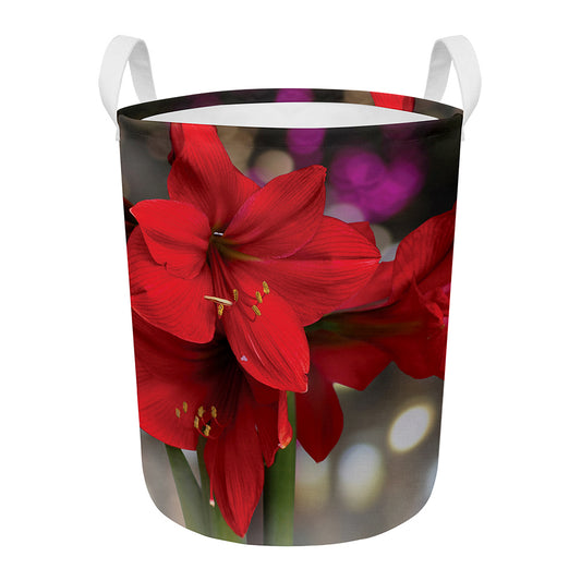 Red Amaryllis Print Round Laundry Basket