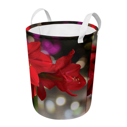 Red Amaryllis Print Round Laundry Basket