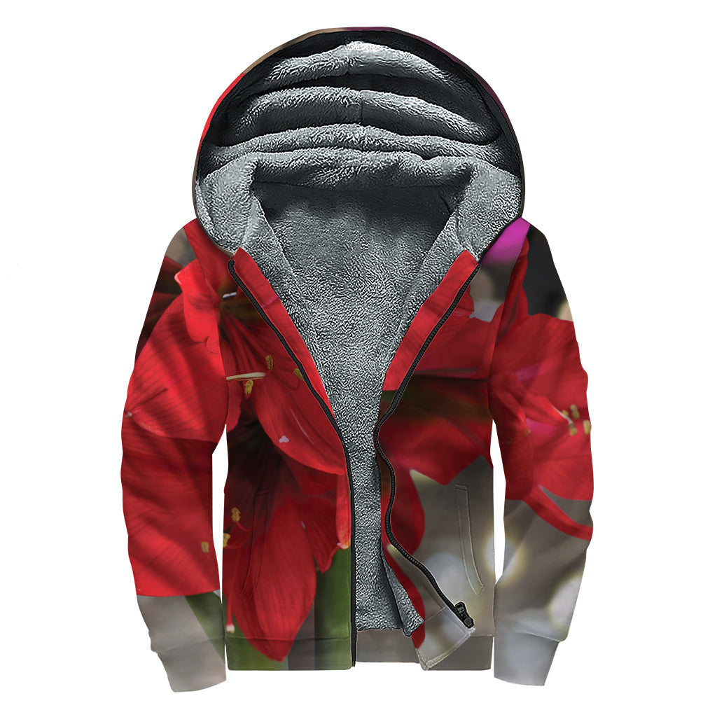 Red Amaryllis Print Sherpa Lined Zip Up Hoodie