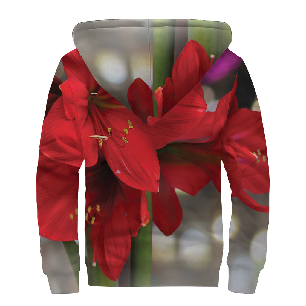 Red Amaryllis Print Sherpa Lined Zip Up Hoodie