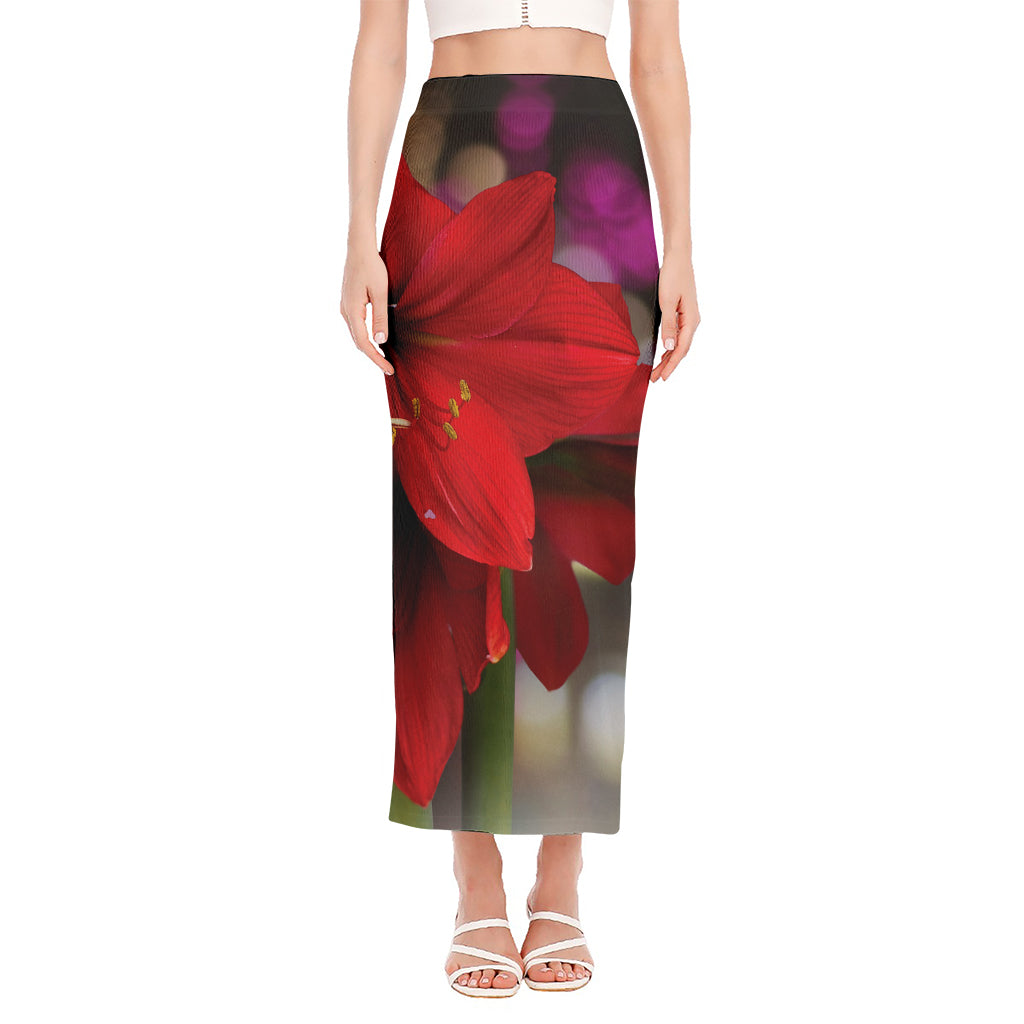 Red Amaryllis Print Side Slit Maxi Skirt